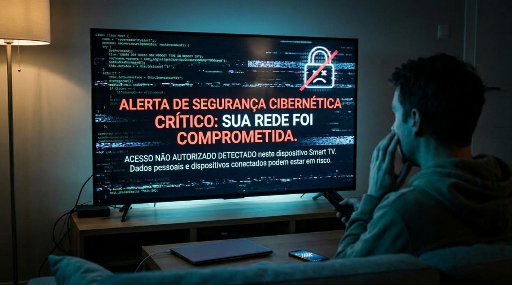 Alerta de segurança cibernética crítico num ecrã de Smart TV indicando que a rede foi comprometida por vírus de IPTV e malware bancário
