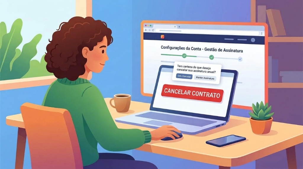 Pessoa em frente ao computador a cancelar contrato com operadora na plataforma online sem custos de fidelização