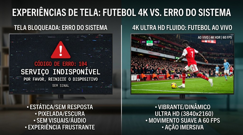 Gráfico visual comparando um ecrã bloqueado com sinal de erro versus um ecrã fluido em 4K mostrando futebol da Liga das Nações