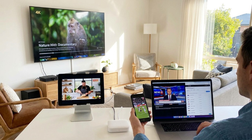 Múltiplos ecrãs a mostrar IPTV