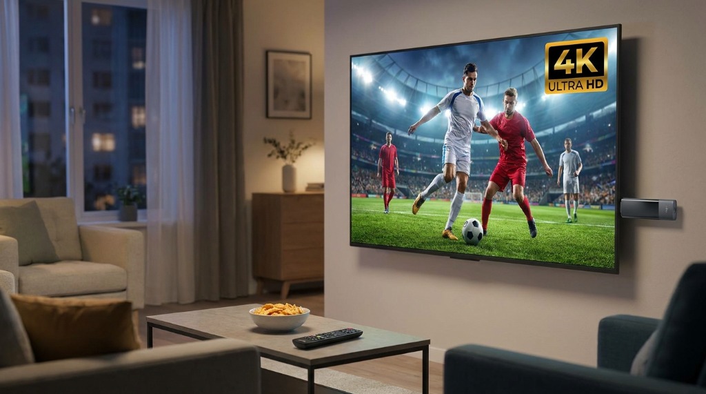 Smart TV a exibir um jogo de futebol com o logótipo 4K