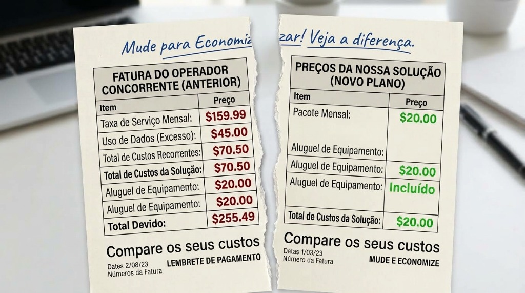 Fatura de telecomunicações rasgada ao meio comparando os custos das operadoras tradicionais com a alternativa MEO NOS Vodafone