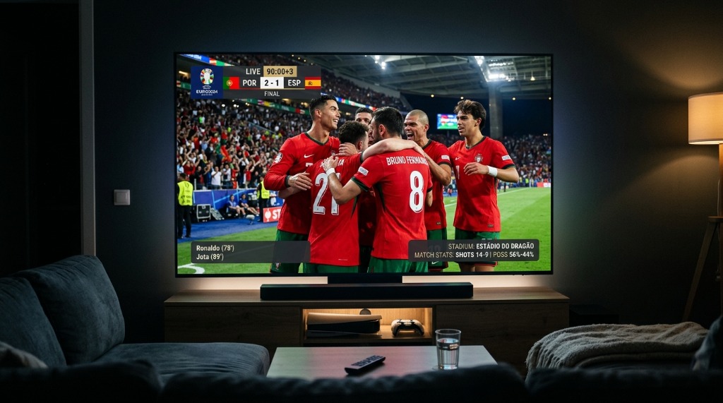Ecrã de TV moderno numa sala escura mostrando os jogadores de Portugal a celebrar com transmissão em direto da Liga das Nações