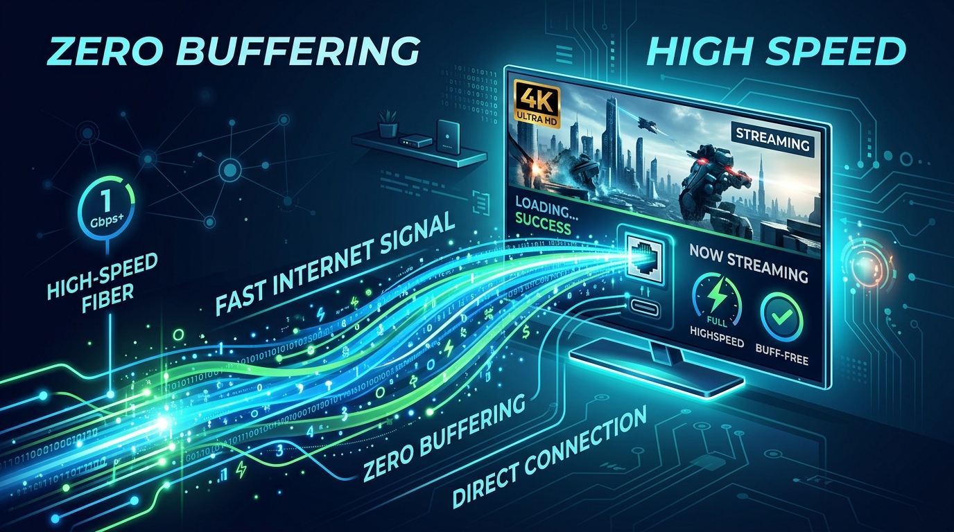 Um gráfico simples a mostrar um sinal de internet direto para a TV, ilustrando zero buffering
