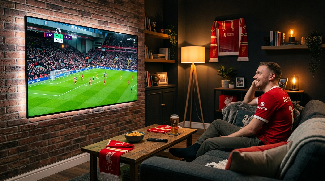 Adepto de futebol a ver um jogo da Liga Portugal na Smart TV com IPTV