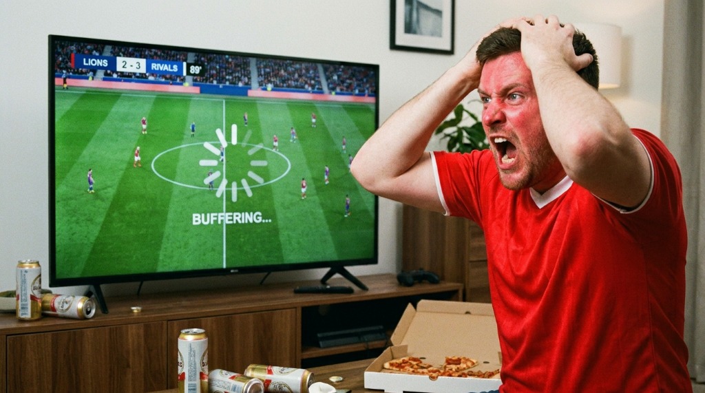 Fã de futebol irritado com as mãos na cabeça, a olhar para uma TV com buffering
