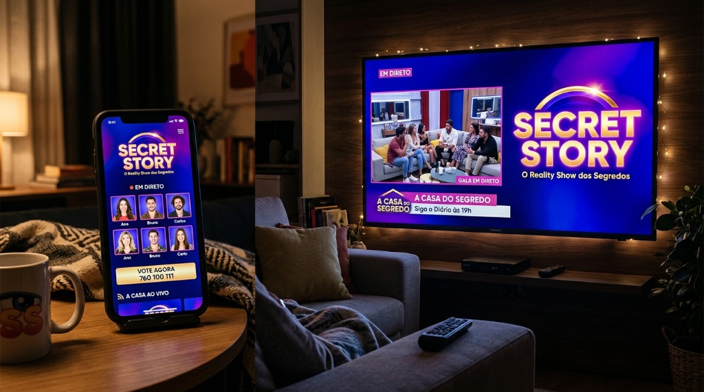 Ecrã de um telemóvel e de uma Smart TV a transmitir o grafismo do Secret Story em ambiente noturno