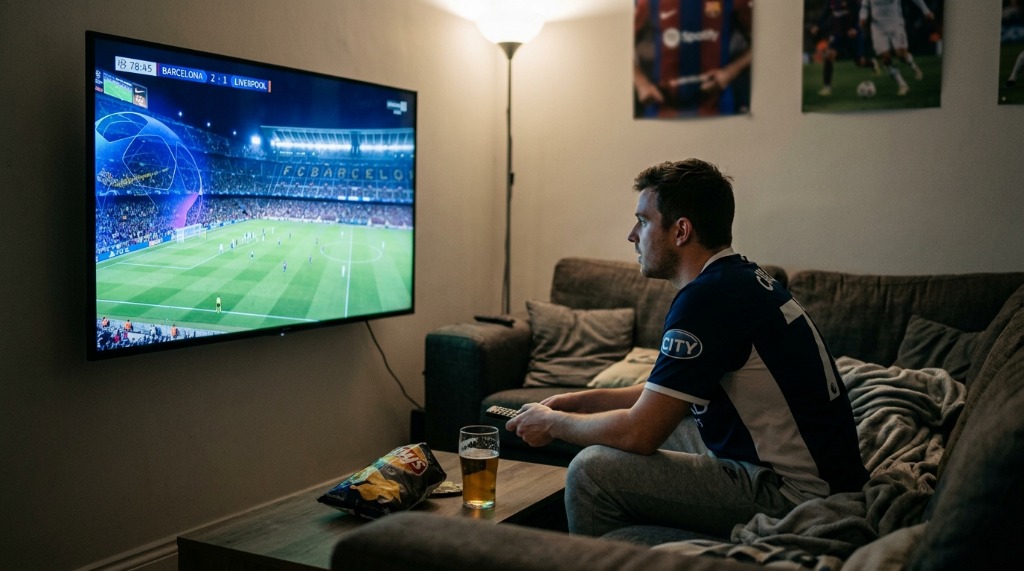Adepto num sofá a ver futebol na TV com grafismos da Liga dos Campeões