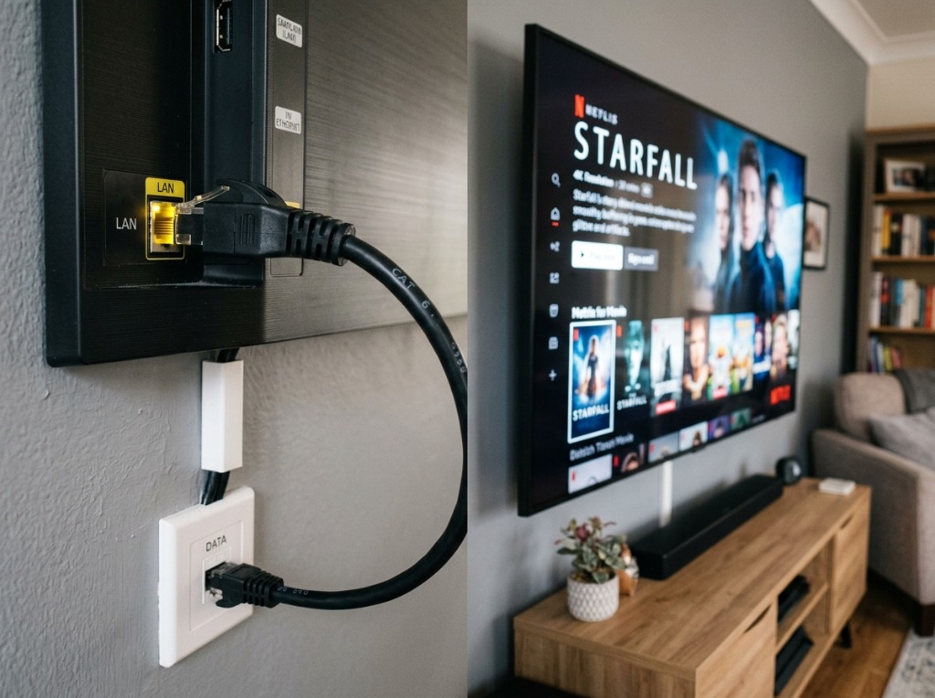 Fotografia de um cabo ethernet de rede ligado à porta LAN de uma Smart TV, ilustrando a estabilidade