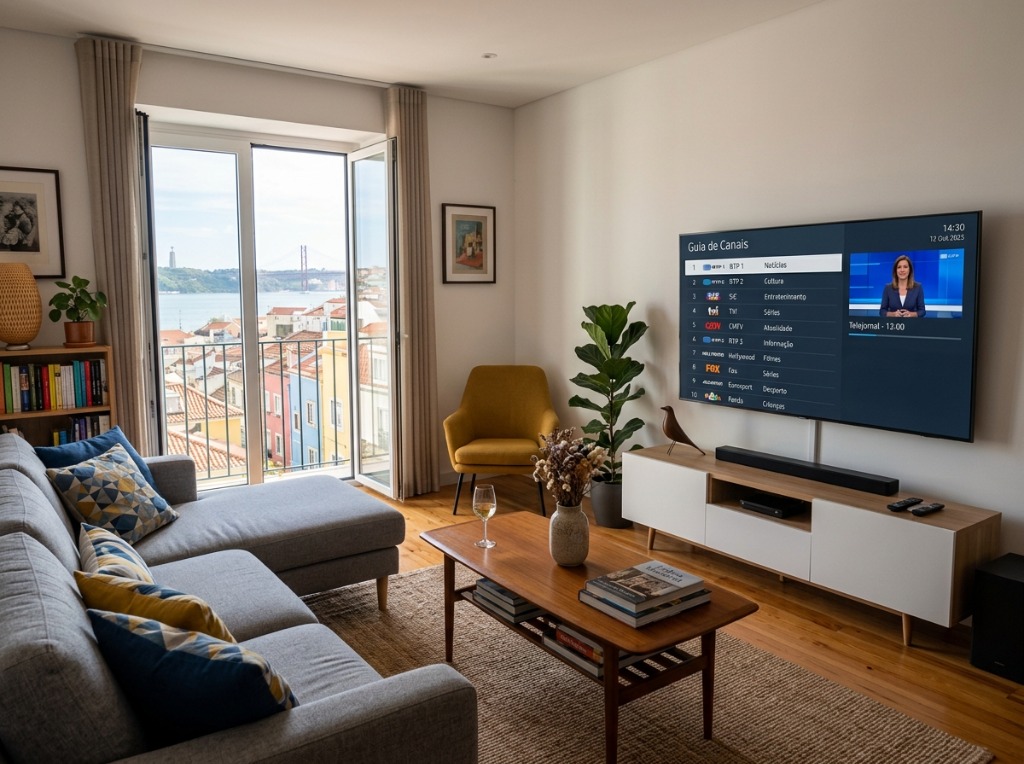 Sala de estar moderna em Portugal com uma Smart TV a exibir grelha de canais IPTV